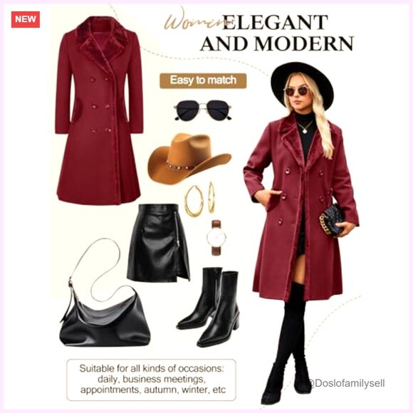 Double Breasted Pea Coat Long Trench Coat Elegant Classic Winter Warm Slim Fit - Picture 4 of 7